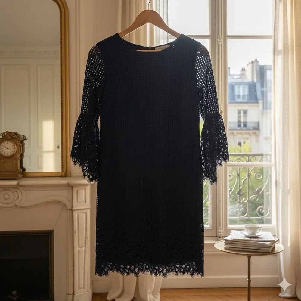 Jude Connally Danielle Dress Spring Lace Navy Blue 3/4 Scalloped Bell Sleeve XS